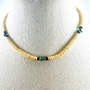 Vintage 90s Shell Heishi Choker Necklace Green Stone Surfer Coastal Boho